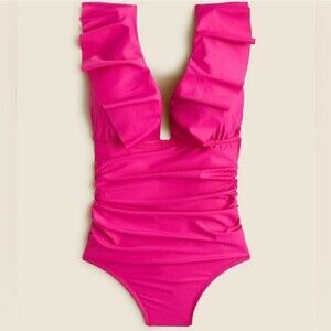J. Crew Ruched V Neck Ruffle One Piece Swimsuit Women's 0 Fuchsia Hot Pink
